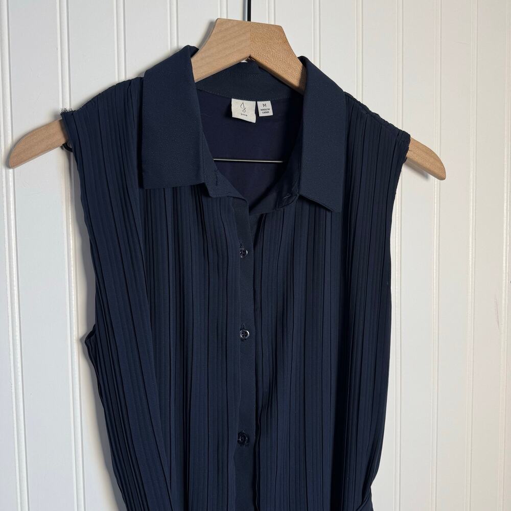Joie Navy Blue Pleated Button Down Sleeveless Belted Mini Dress Women’s Medium - Picture 3 of 12